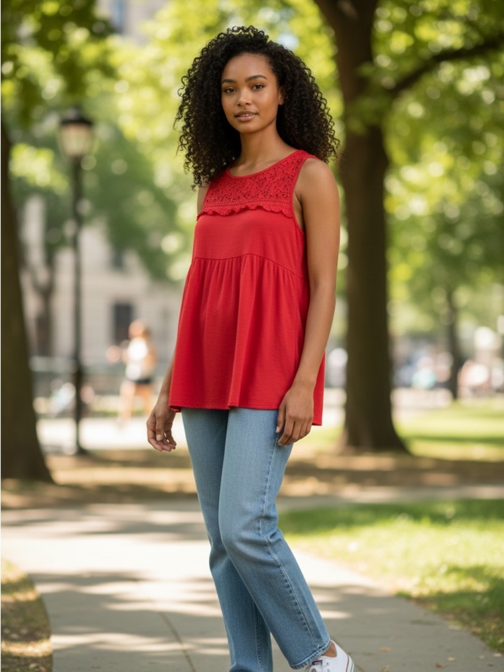 Max Studio Red Sleeveless Crochet Yoke Peplum Top
